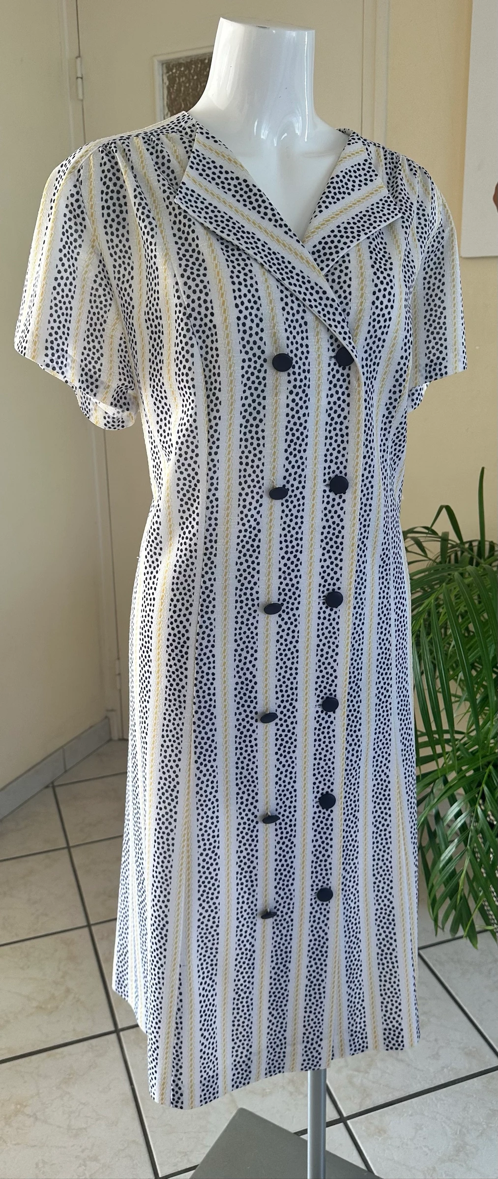 Vestido vintage estampado azul-marinho e amarelo tamanho 44/46 – Condição impecável – photo 2